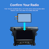 Car radio with a touchscreen overlay on a blue background, indicating compatibility with 2014-2016 Acura MDX