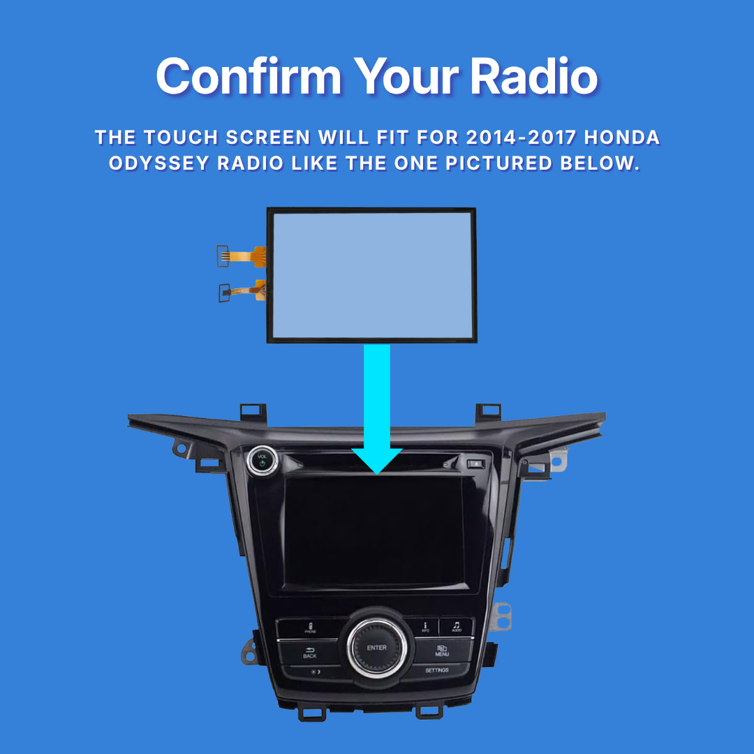 Car radio with touch screen overlay on a blue background, indicating compatibility with 2014-2017 Honda Odyssey