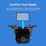 Car radio with touch screen overlay on a blue background, indicating compatibility with 2014-2017 Honda Odyssey