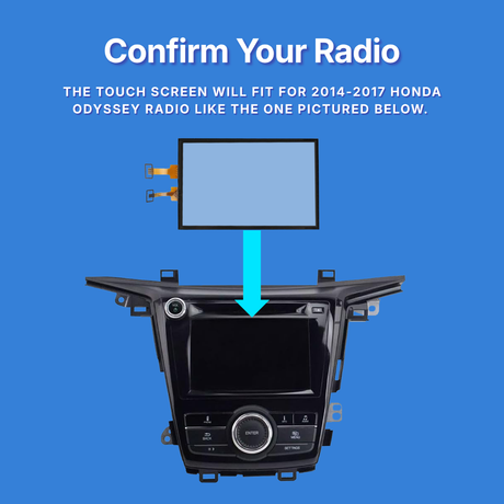 Car radio with touch screen overlay on a blue background, indicating compatibility with 2014-2017 Honda Odyssey