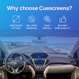 Car interior with dashboard and steering wheel, featuring text 'Why choose Cuescreens?' and icons with benefits