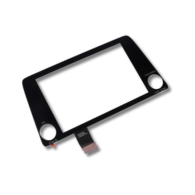 A black rectangular touch screen glass panel with pre-drilled circular cutouts and a flexible flat cable connector, shown on a plain white background.