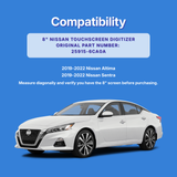 A blue compatibility graphic for an 8-inch Nissan touchscreen digitizer, showing a white Nissan Altima, with text listing Altima and Sentra, the original part number and model years 2019-2022