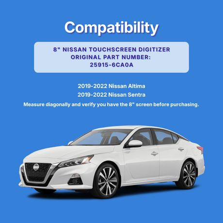 A blue compatibility graphic for an 8-inch Nissan touchscreen digitizer, showing a white Nissan Altima, with text listing Altima and Sentra, the original part number and model years 2019-2022