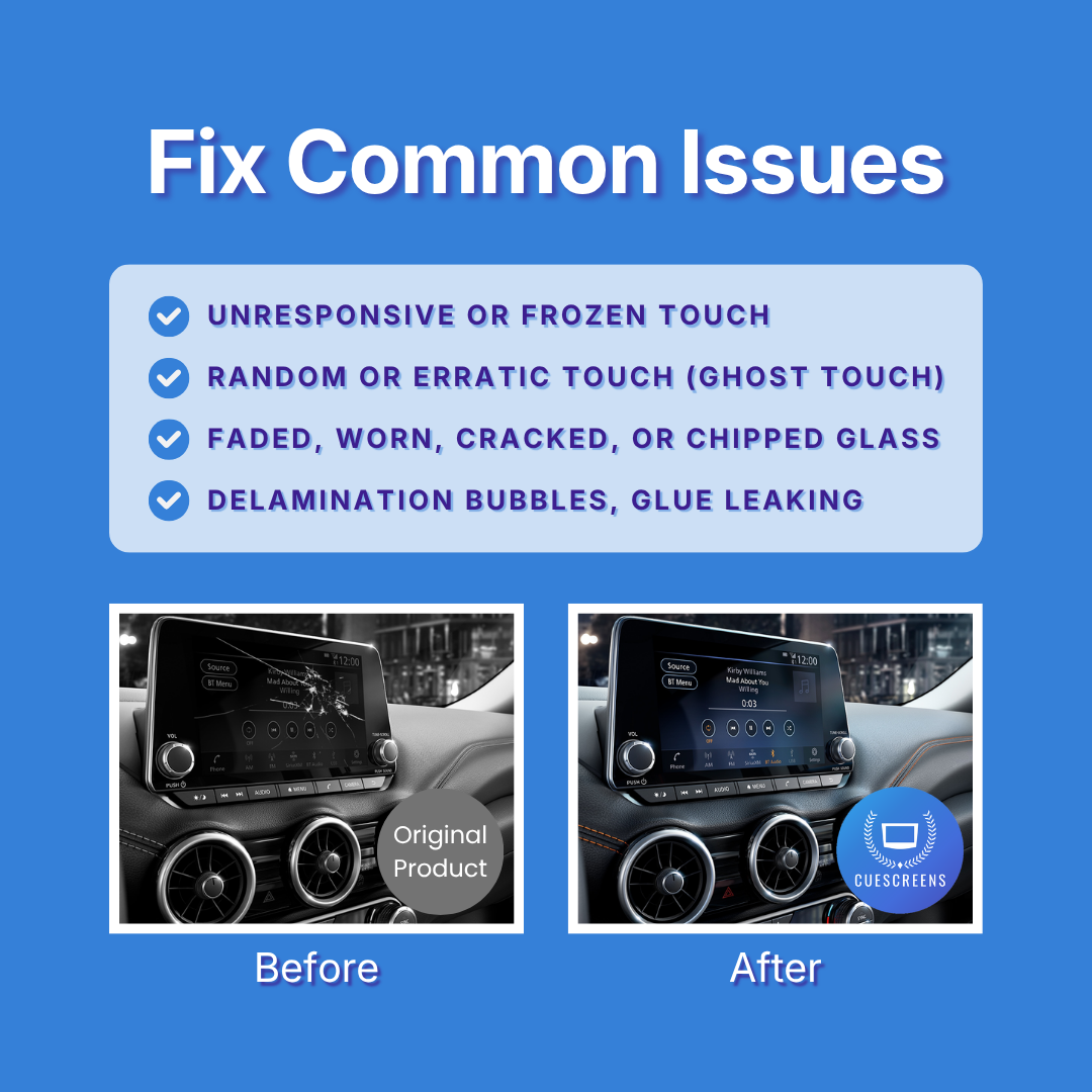 Promotional graphic for an automotive touchscreen display repair product. The top section reads 'Fix Common Issues' and lists problems like unresponsive touch, ghost touch, cracked glass, and delamination bubbles