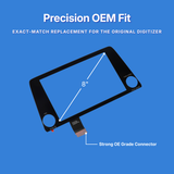Black replacement touch screen digitizer, shown on a blue background with white text reading 'Precision OEM Fit' and 'Exact-match replacement for the original digitizer.' White dimension lines indicate 8 inches, with a note about the OE grade connector.