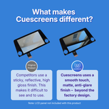Blue promotional graphic comparing Cuescreens touch screen replacement parts with competitors' products. It shows two black rectangular replacement screens, one labeled 'Original Product' with glossy reflective glass and one labeled 'Cuescreens' with matte anti-glare glass, plus explanatory text about touch sensitivity and anti-glare finish