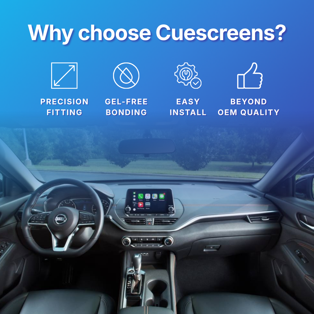 Promotional graphic for Cuescreens showing a car interior with a mounted touchscreen display and marketing text: 'Why choose Cuescreens?' plus icons for precision fitting, gel-free bonding, easy install, and beyond OEM quality