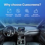 Promotional graphic for Cuescreens showing a car interior with a mounted touchscreen display and marketing text: 'Why choose Cuescreens?' plus icons for precision fitting, gel-free bonding, easy install, and beyond OEM quality