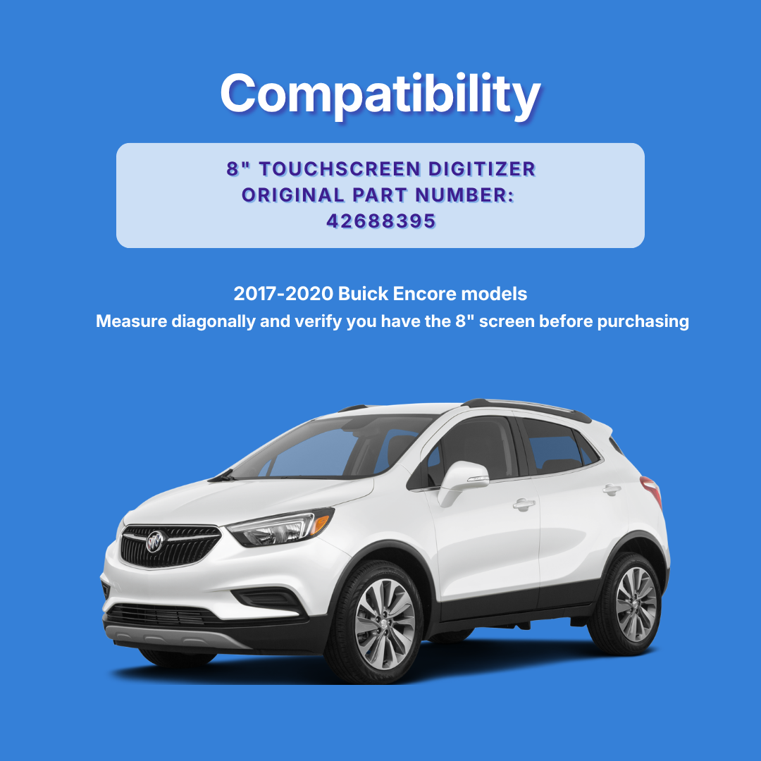 White SUV on a blue background with compatibility information for an 8-inch touchscreen digitizer