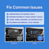 Before and after comparison of a car's infotainment screen with text about common issues on a blue background
