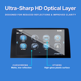 Car infotainment screen with ultra-sharp HD optical layer on a blue background
