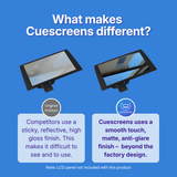 Comparison of original product and Cuescreens on a blue background with text explaining the difference