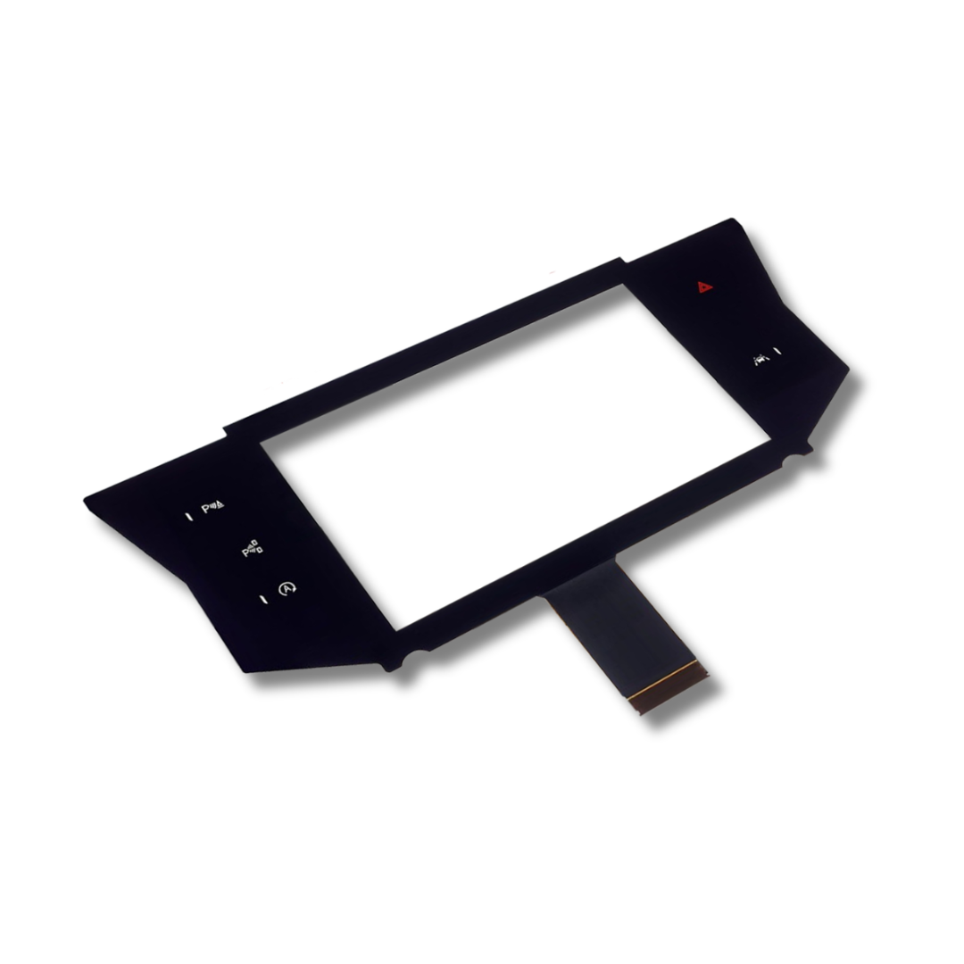 A replacement touch screen glass panel with a flexible flat cable, shown on a clean white background.