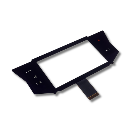 A replacement touch screen glass panel with a flexible flat cable, shown on a clean white background.