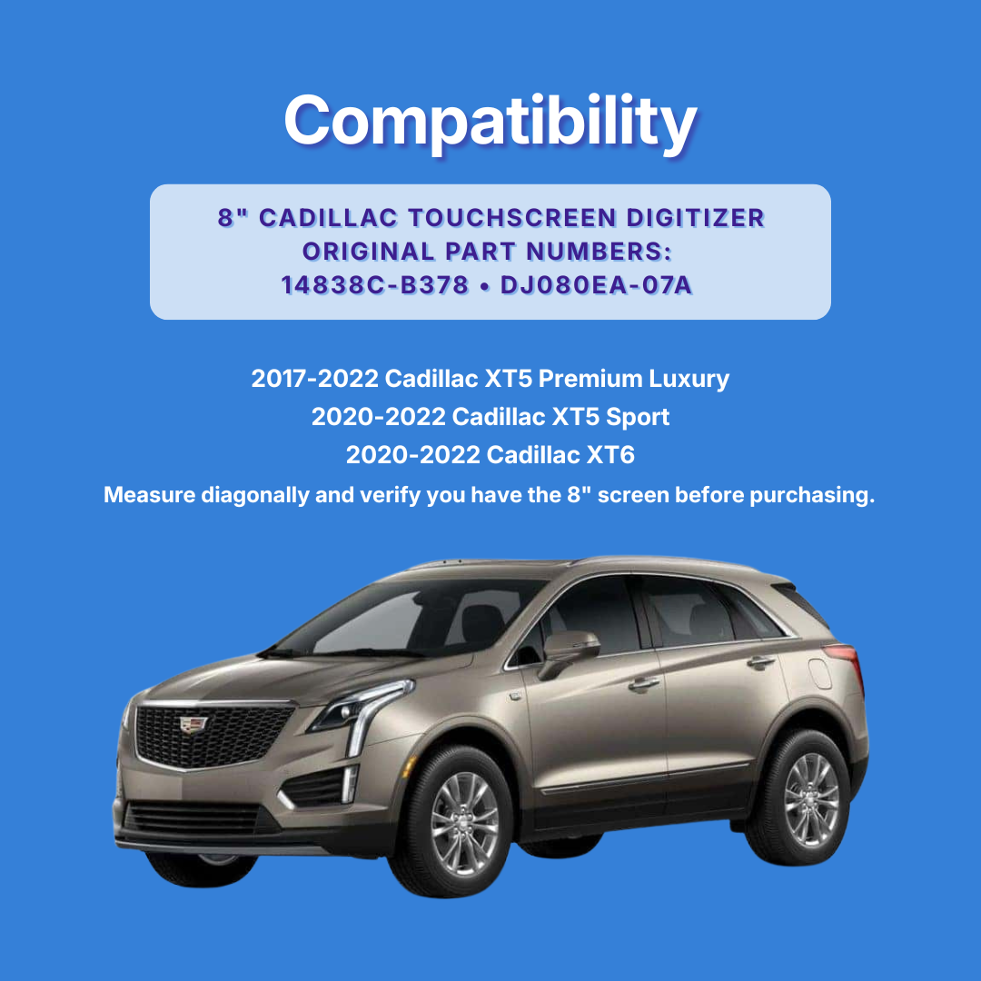 Compatibility graphic for an 8-inch Cadillac touchscreen digitizer, showing a Cadillac XT5 SUV on a blue background with part numbers and model years listed for Cadillac XT5 Premium Luxury, XT5 Sport, and XT6