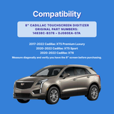 Compatibility graphic for an 8-inch Cadillac touchscreen digitizer, showing a Cadillac XT5 SUV on a blue background with part numbers and model years listed for Cadillac XT5 Premium Luxury, XT5 Sport, and XT6