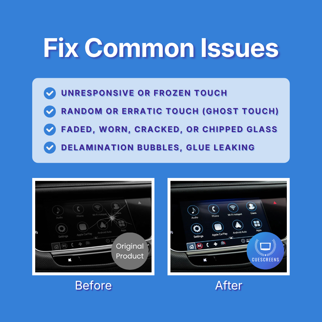 A blue promotional graphic with the heading 'Fix Common Issues' and a list of touchscreen problems such as unresponsive touch, ghost touch, cracked glass, and delamination bubbles. Below, two inset car infotainment screen examples show a cracked screen labeled 'Original Product' on the left and a repaired screen labeled 'After'