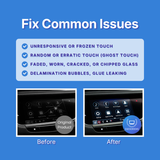 A blue promotional graphic with the heading 'Fix Common Issues' and a list of touchscreen problems such as unresponsive touch, ghost touch, cracked glass, and delamination bubbles. Below, two inset car infotainment screen examples show a cracked screen labeled 'Original Product' on the left and a repaired screen labeled 'After'