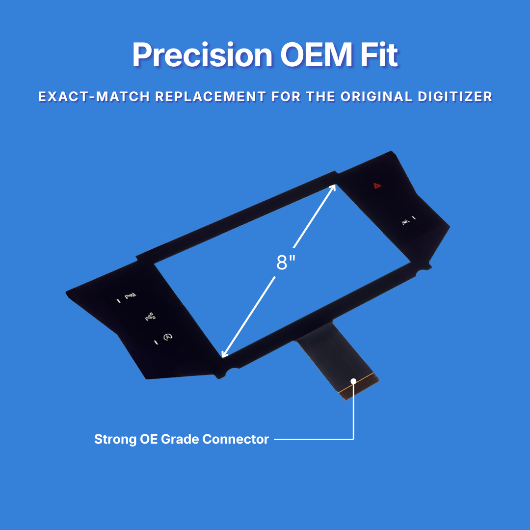 Black digitalizer replacement part with an 8-inch screen and OE Grade connector, shown on a blue background with white text reading 'Precision OEM Fit' and 'EXACT-MATCH REPLACEMENT FOR THE ORIGINAL DIGITIZER'.