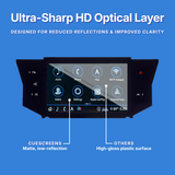 A car stereo touchscreen display on a blue promotional background with text highlighting an ultra-sharp HD optical layer, reduced reflections, and improved clarity. White callout lines point to the screen and mention CUESCREENS matte low-reflection and OTHERS high-gloss plastic surface.