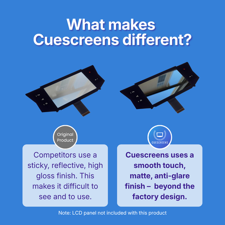 Comparison of original product and Cuescreens on a blue background with text explaining that Cuescreens uses a smooth matte, anti-glare finish while competitors use a sticky reflective high-gloss finish
