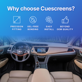 Promotional graphic for Cuescreens showing a car interior dashboard and seats with a blue overlay containing four feature callouts: precision fitting, gel-free bonding, easy install, and beyond OEM quality