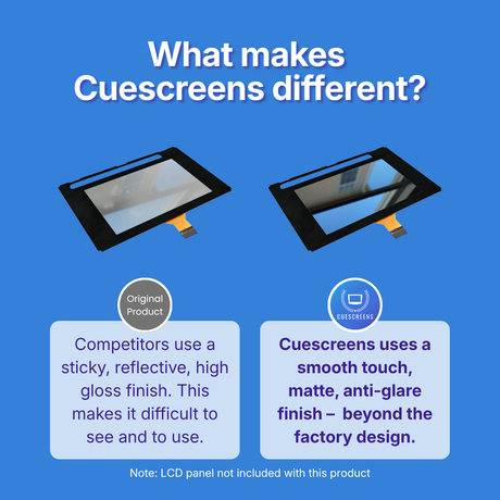 Comparison of original product and Cuescreens on a blue background with text explaining the differences.