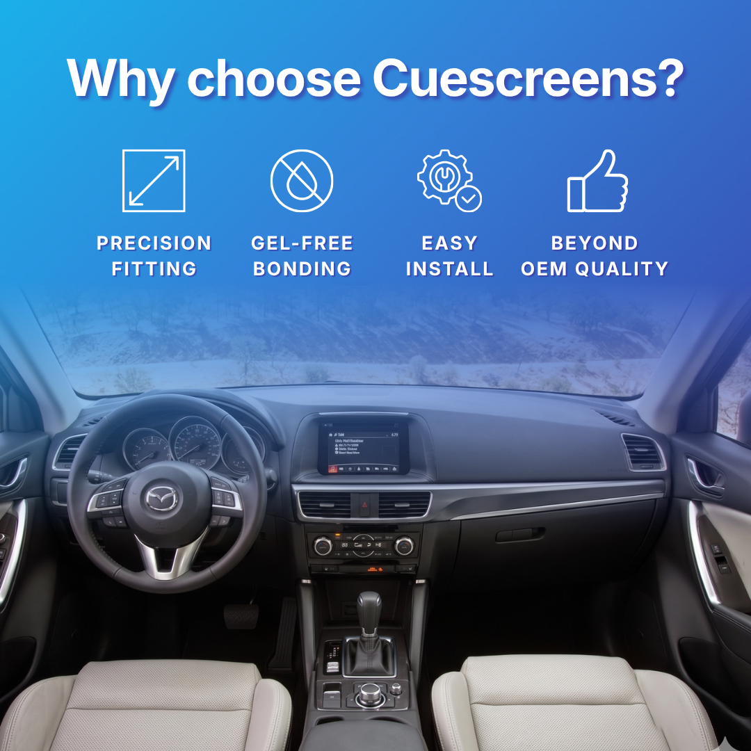 Car interior with Cuescreens branding highlighting features like precision fitting, gel-free bonding, easy install, and beyond OEM quality.