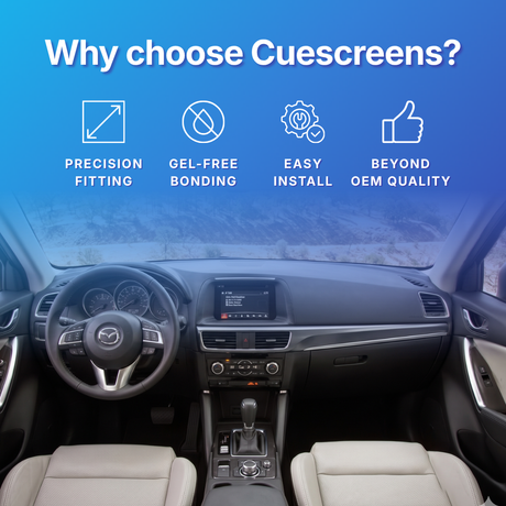 Car interior with Cuescreens branding highlighting features like precision fitting, gel-free bonding, easy install, and beyond OEM quality.