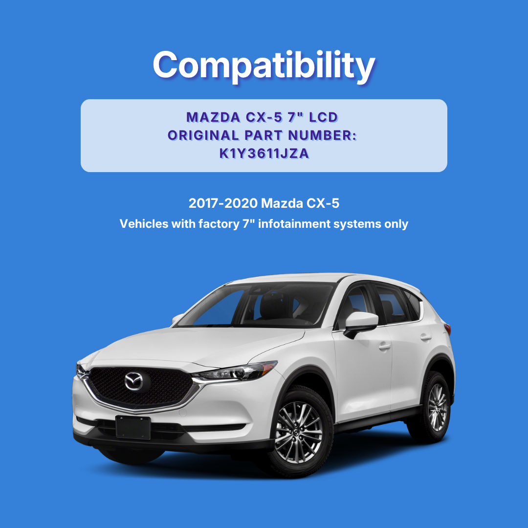 White Mazda CX-5 on a blue background with compatibility information.