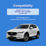 White Mazda CX-5 on a blue background with compatibility information.