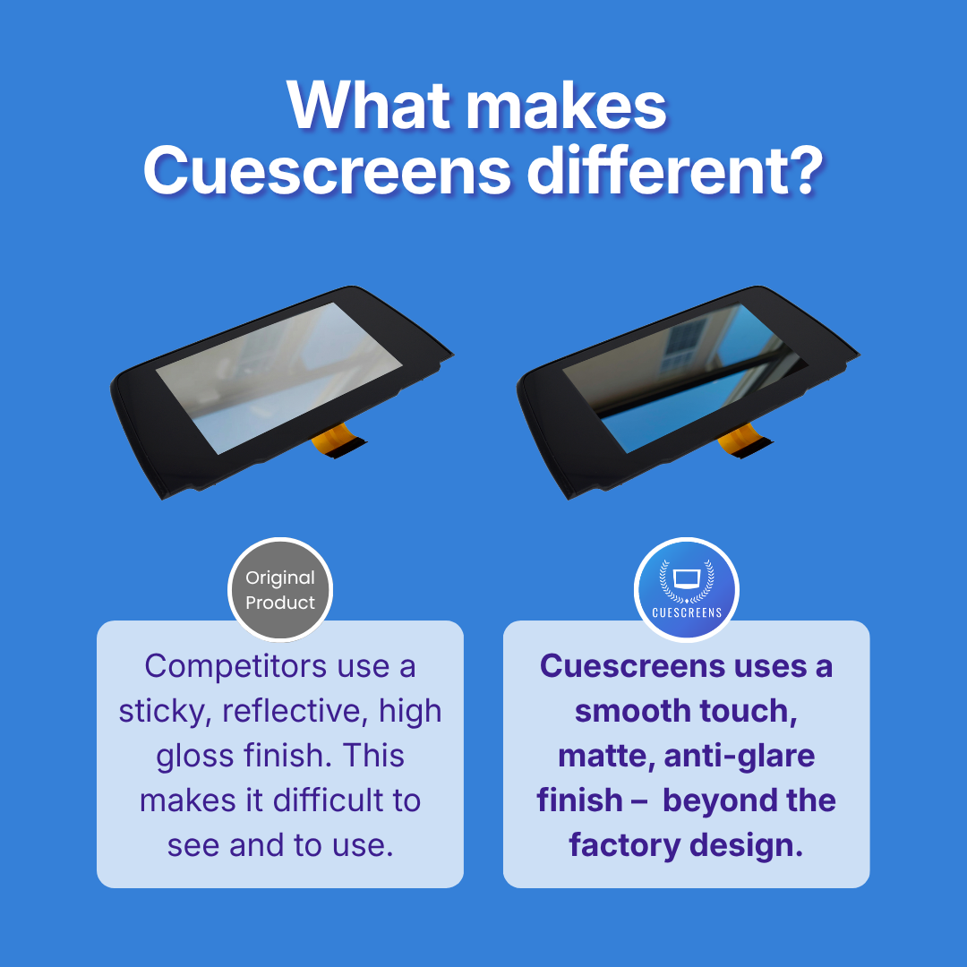 Comparison of other's product and Cuescreens product on a blue background with text explaining differences.