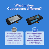 Comparison of other's product and Cuescreens product on a blue background with text explaining differences.