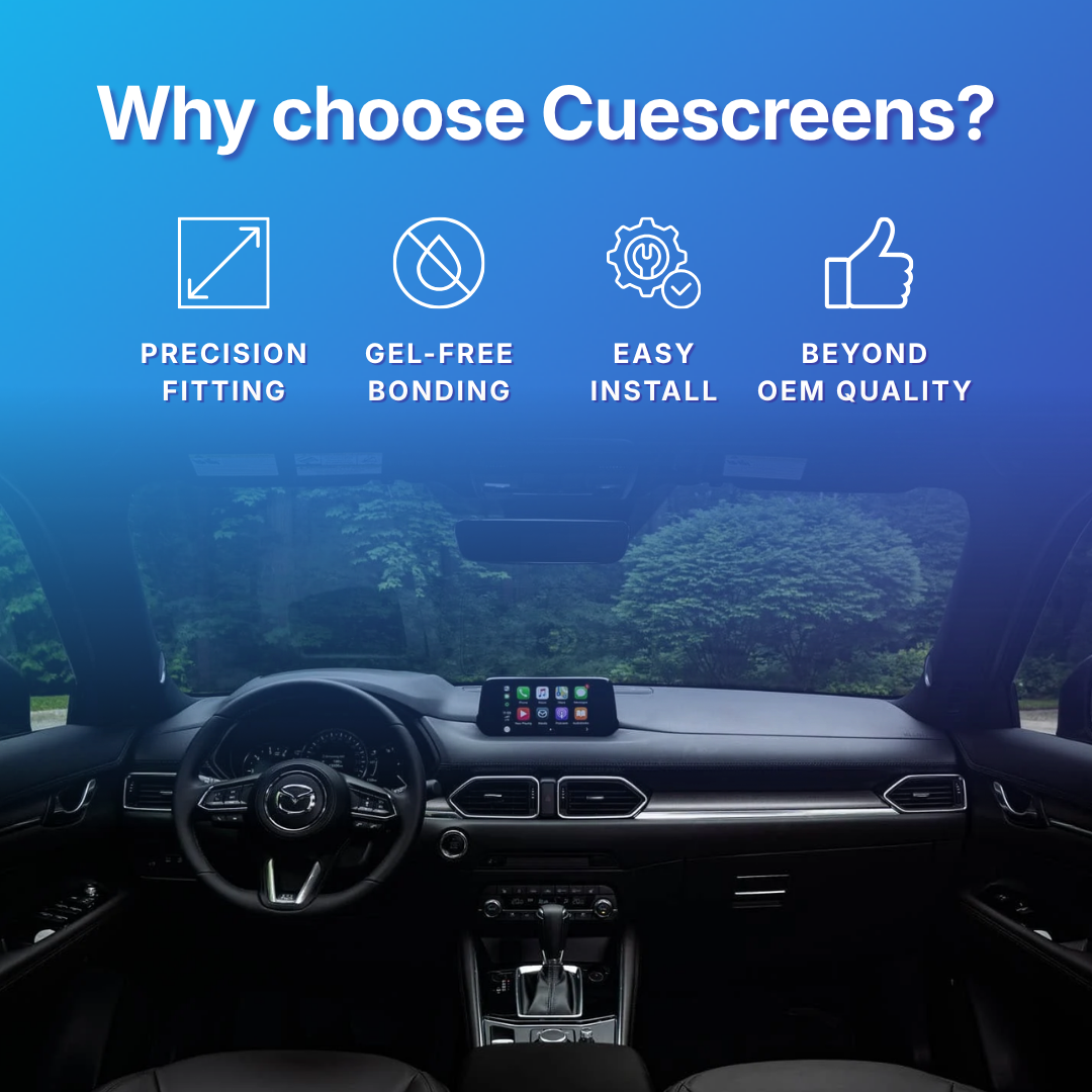 Car interior with Cuescreens branding highlighting features like precision fitting, gel-free bonding, easy install, and beyond OEM quality.
