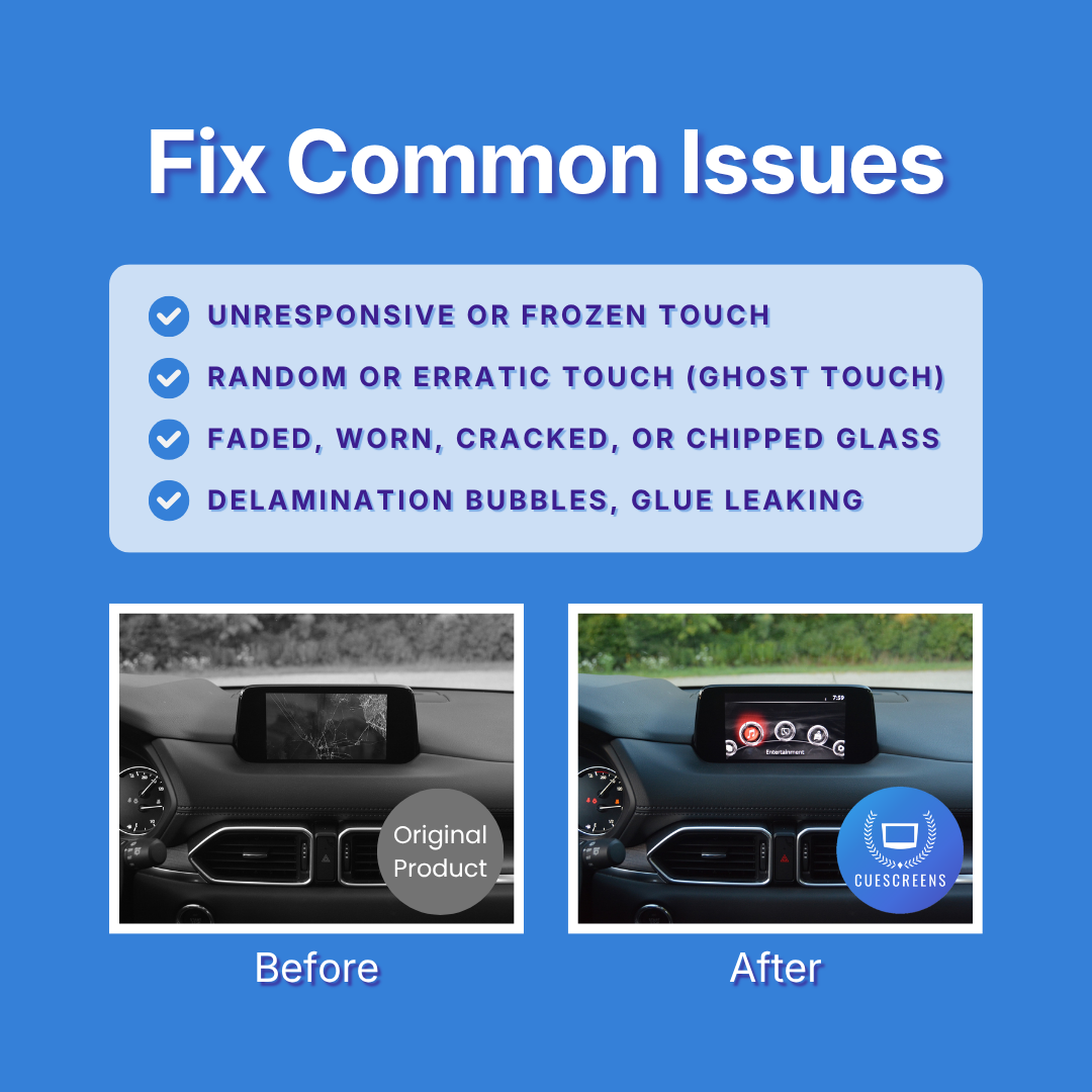 Before and after comparison of a car's infotainment screen with text about fixing common issues on a blue background