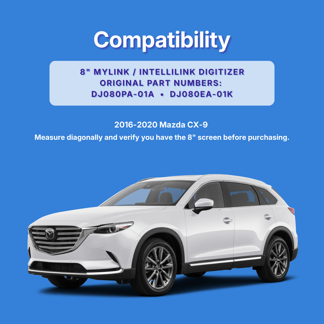 White Mazda CX-9 on a blue background with compatibility information text.