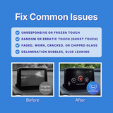 Before and after comparison of a car screen with responsive touch and clear glass on a blue background.
