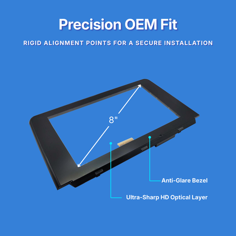 Display of a screen with labeled features on a blue background