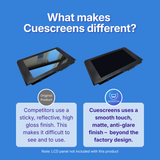 Comparison of original product and Cuescreens on a blue background with text explaining differences.