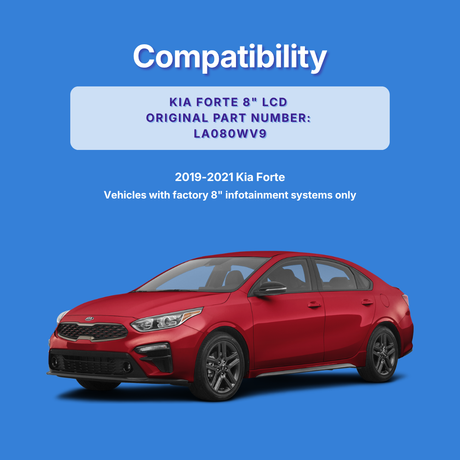 Red Kia Forte on a blue background with compatibility information.