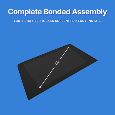 8-inch LCD digitizer assembly on a blue background with text indicating it's a complete bonded assembly