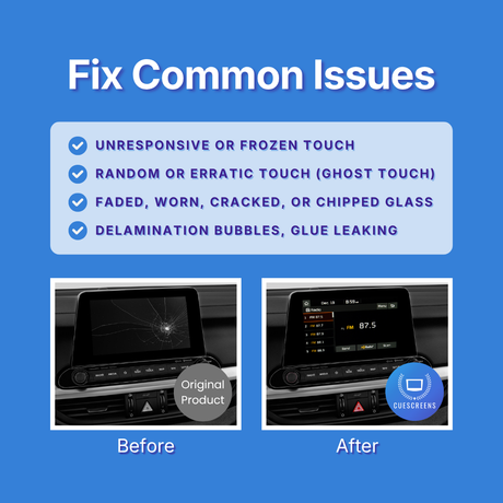 Before and after comparison of a car's infotainment screen with text about fixing common issues on a blue background