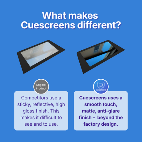 Comparison of other's product and Cuescreens product on a blue background with text explaining differences