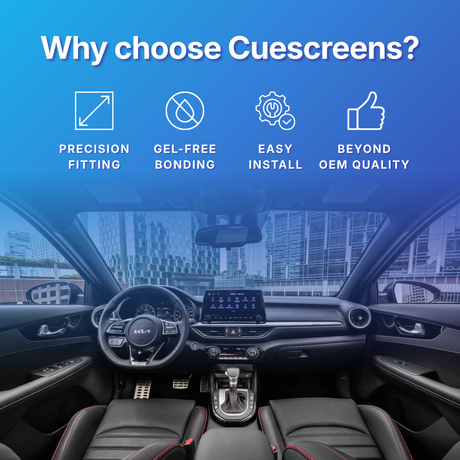 Car interior with Cuescreens branding highlighting features like precision fitting, gel-free bonding, easy install, and beyond OEM quality