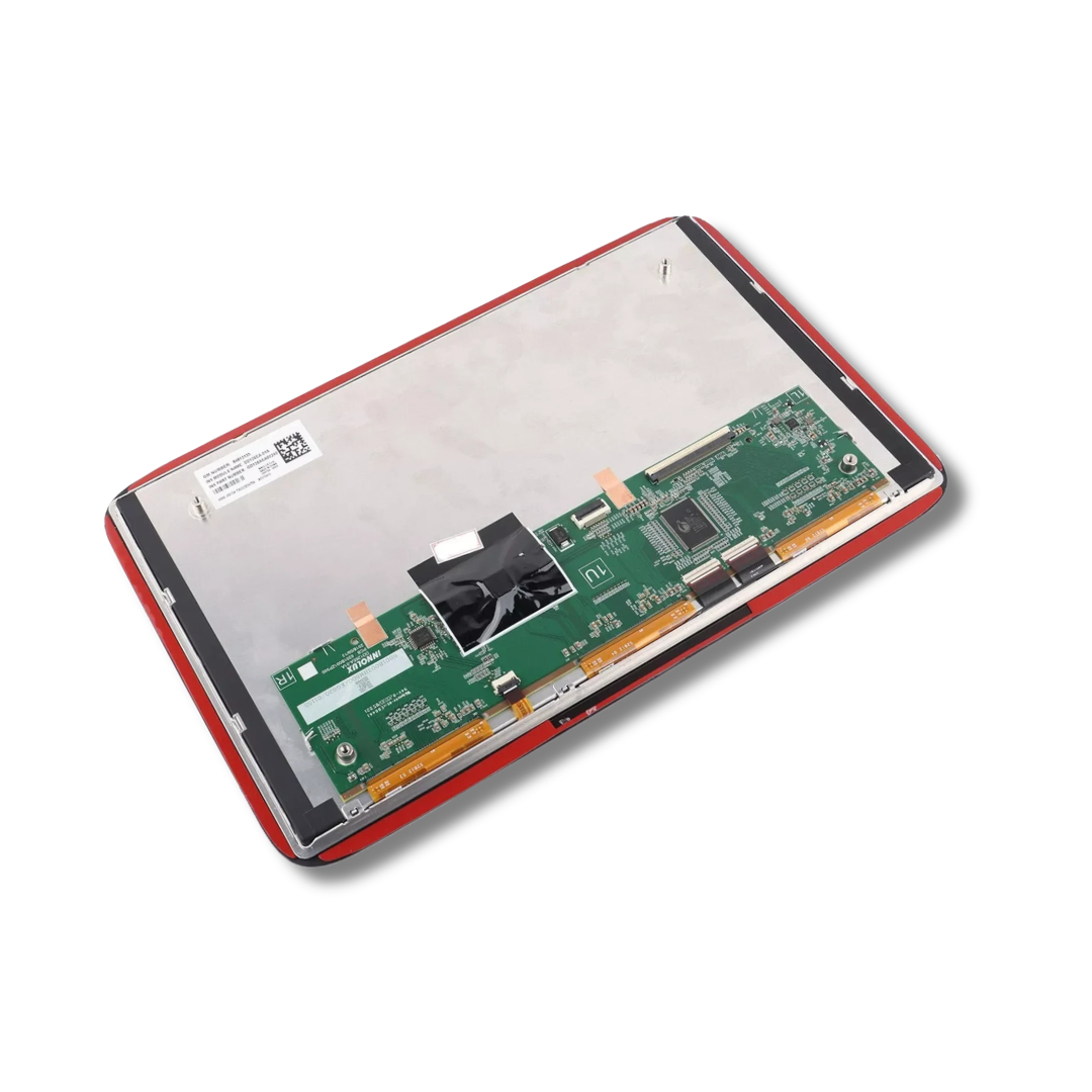 Close-up of the back of an infotainment screen on a white background