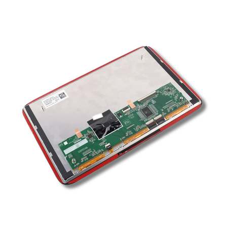 Close-up of the back of an infotainment screen on a white background