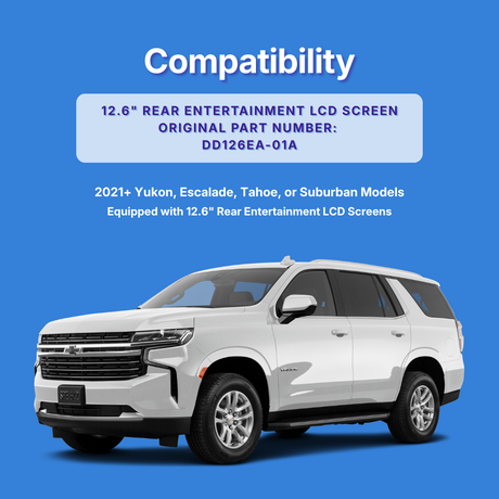 White SUV on a blue background with compatibility information for a 12.6" rear entertainment LCD screen.
