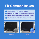 Before and after comparison of a car's infotainment screen with text about fixing common issues on a blue background.