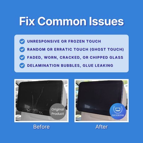 Before and after comparison of a car's infotainment screen with text about fixing common issues on a blue background.